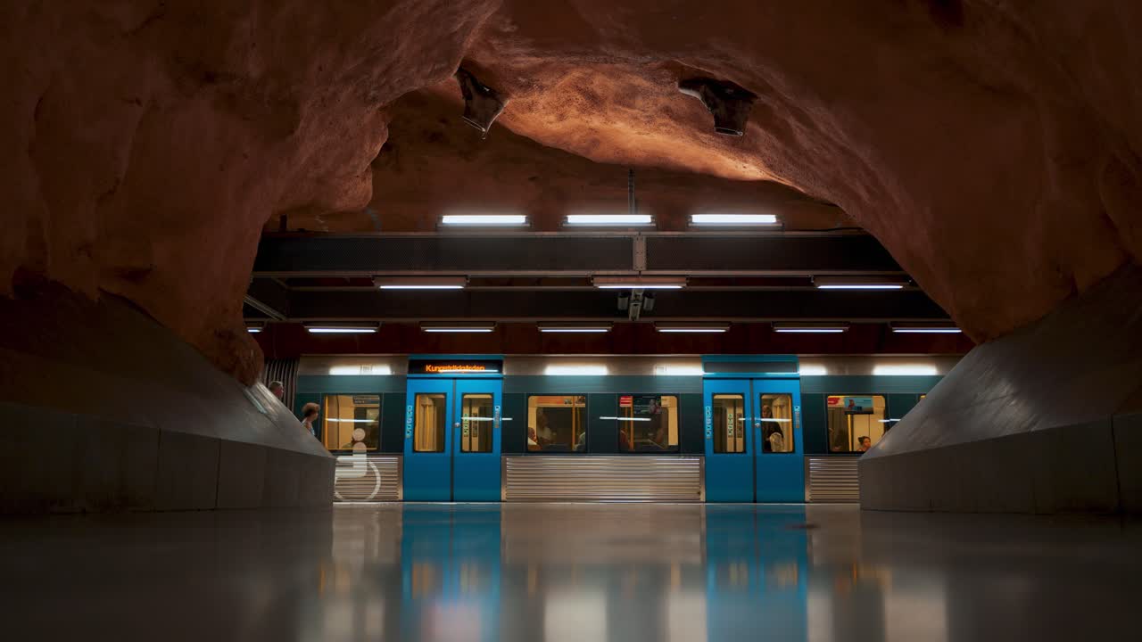 An underground train at Radhuset station, Stockholm, Sweden. Famous subway metro. Architecture