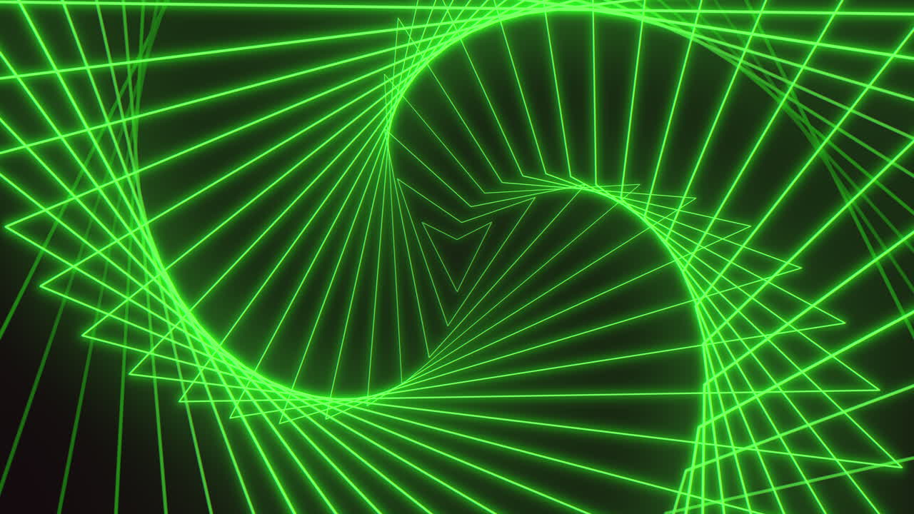Motivo a triangoli a spirale verde neon su sfondo nero scuro