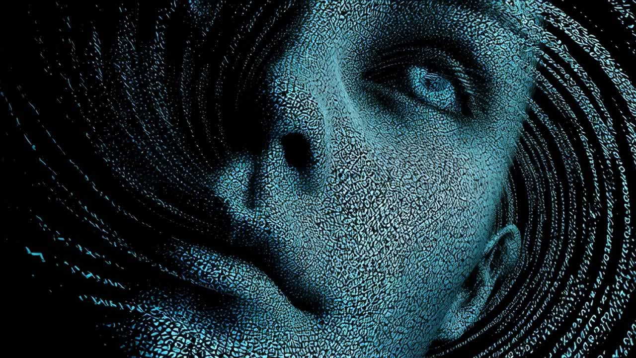 A Thoughtful Exploration of Digital Identity: A Dynamic Representation of the Human Face Intertwined with the Concept of Data, Technology, and Perception in a Spiraling Digital Landscape