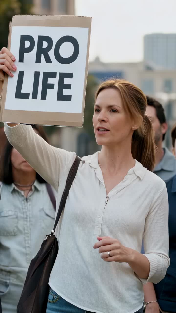 Video verticale: donna che solleva un cartello PRO LIFE, cammina e canta durante una protesta, con top chiaro e borsa scura