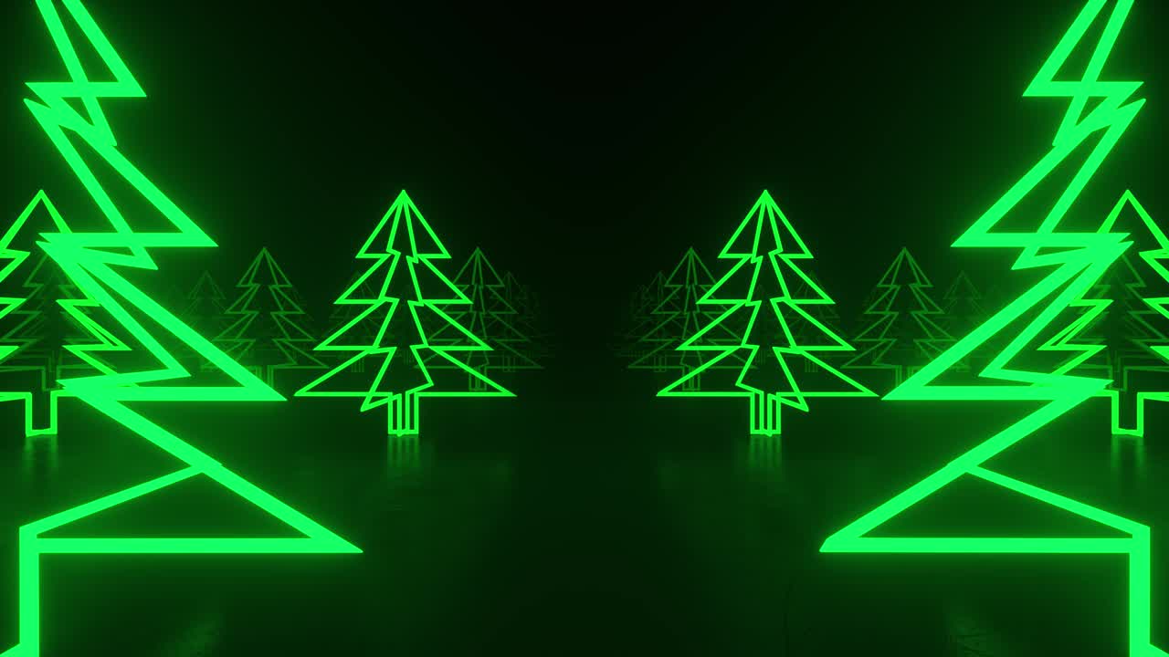 크리스마스 트리, 녹색 네온 빛, 어의 아이콘, 검은색 배경, 네온 터널 골목의 장면, 추상적인 겨울 휴가 개념, 크리스마스 콘셉트, 4k의 원활한 루프 3d 애니메이션