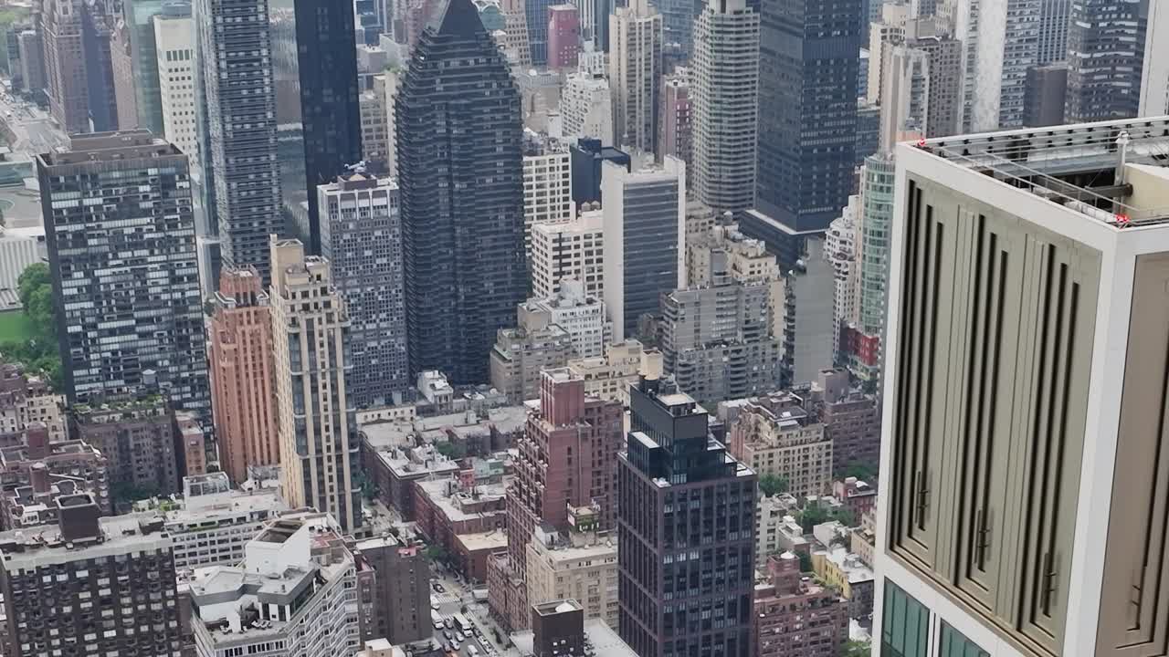View of urban architecture and skyline in New York City from a drone