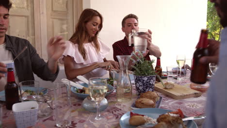 young adult friends having dinner together outdoors, close up, shot on r3d