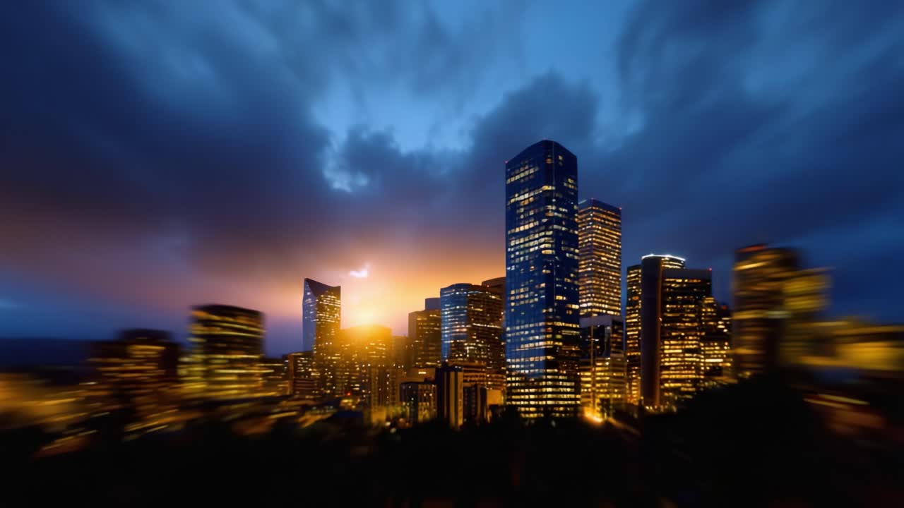 Splendida trasformazione di uno skyline moderno dal giorno alla notte: un viaggio visivo attraverso l'architettura urbana e il gioco di luci e ombre