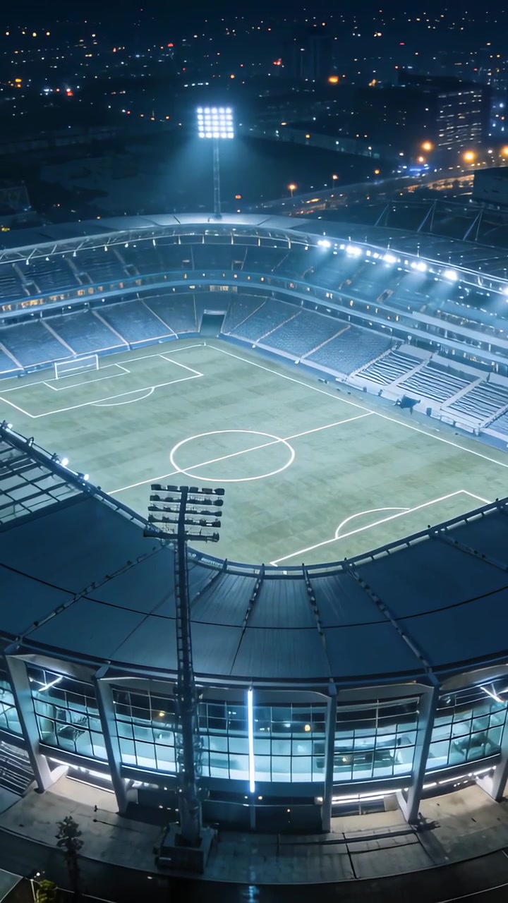Vídeo vertical: Drone sendo lançado capturando estádio de futebol iluminado à noite, com luzes e arquibancadas vazias.