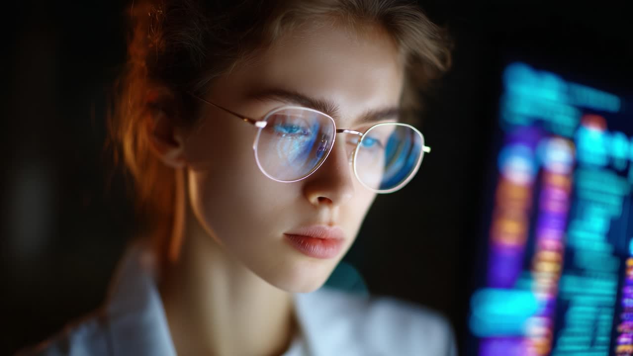 A Focused Professional Analyzing Data on a Computer Screen, Capturing the Intensity of Concentration in a Dimly Lit Environment