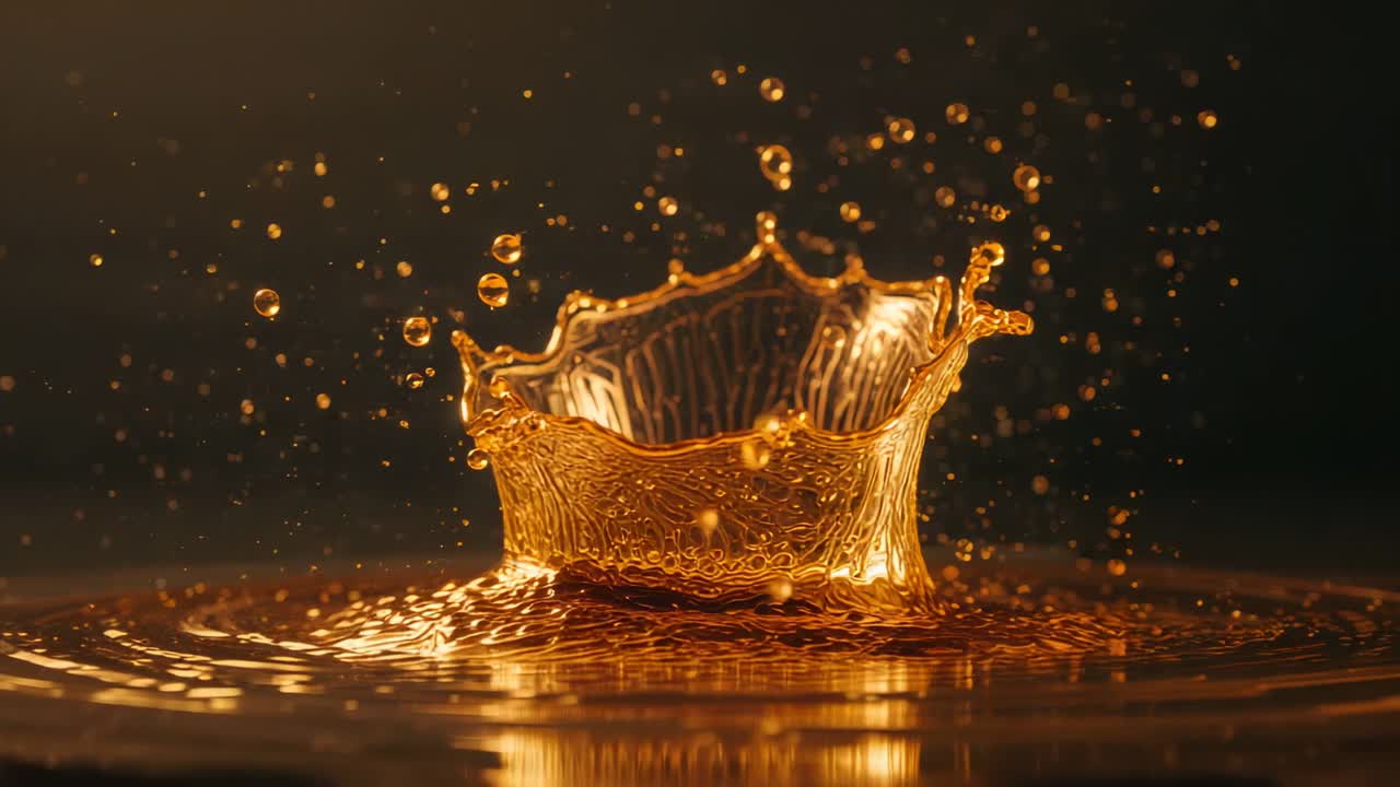 Falling golden drop forming crown, ejecting satellite droplets, collapsing back into pool in studio
