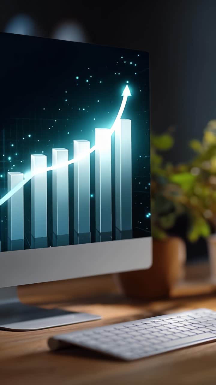 A Modern Desk Setup Featuring a Computer Displaying an Ascending Financial Graph, Symbolizing Growth, Analytics, and Success in a Professional Environment