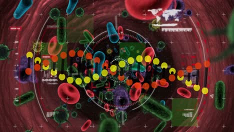 animación de la cadena de adn y procesamiento de datos sobre las células del virus