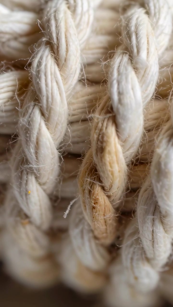 Video vertical: Cámara moviéndose revelando cordones de algodón trenzados en una habitación beige, mostrando las hebras de fibra.