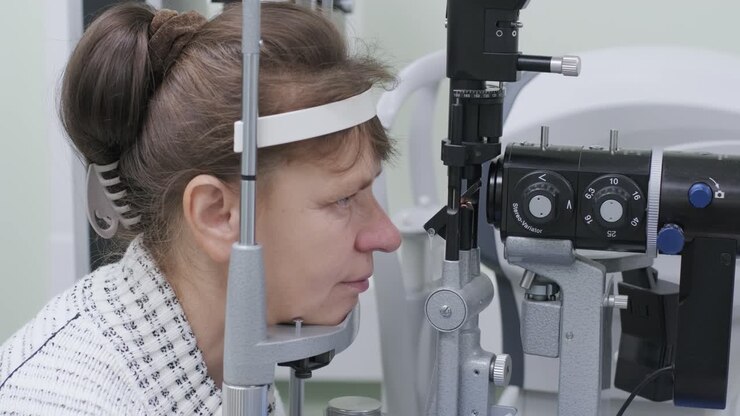 Woman doctor is viewing through ophthalmoscope in eyes of patient in ophthalmologic clinic. Professional inspection of vision