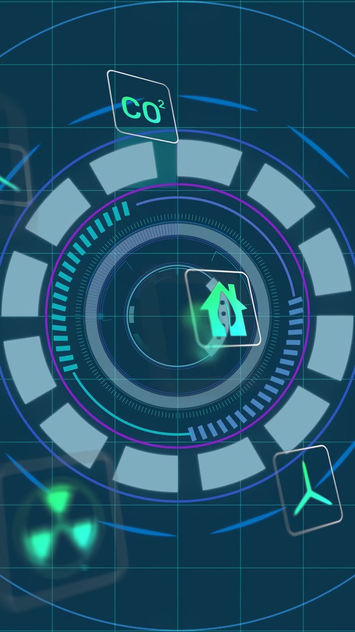Vertical video: On pulse central HUD rotating rings, icons orbiting, showing CO2 energy progress