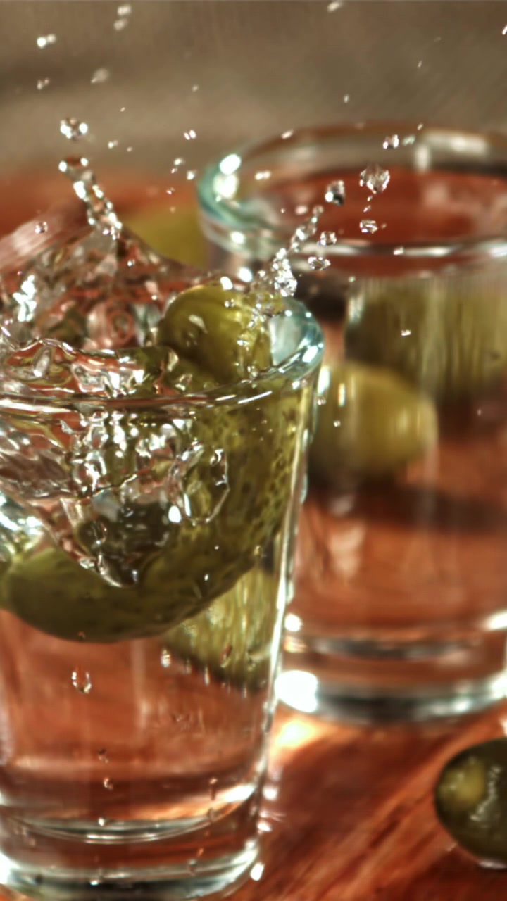 Cetriolino che cade in un bicchierino di vodka al rallentatore