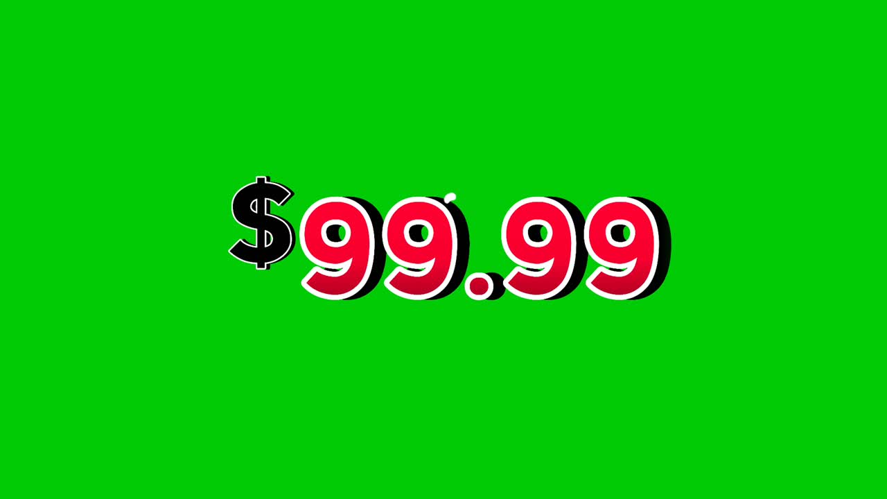$99.99 Dollars price tag animation motion graphics in bold red numbers on green screen background with smoke effects.dollar symbol is displayed prominently perfect promotions, ads, banners, marketing