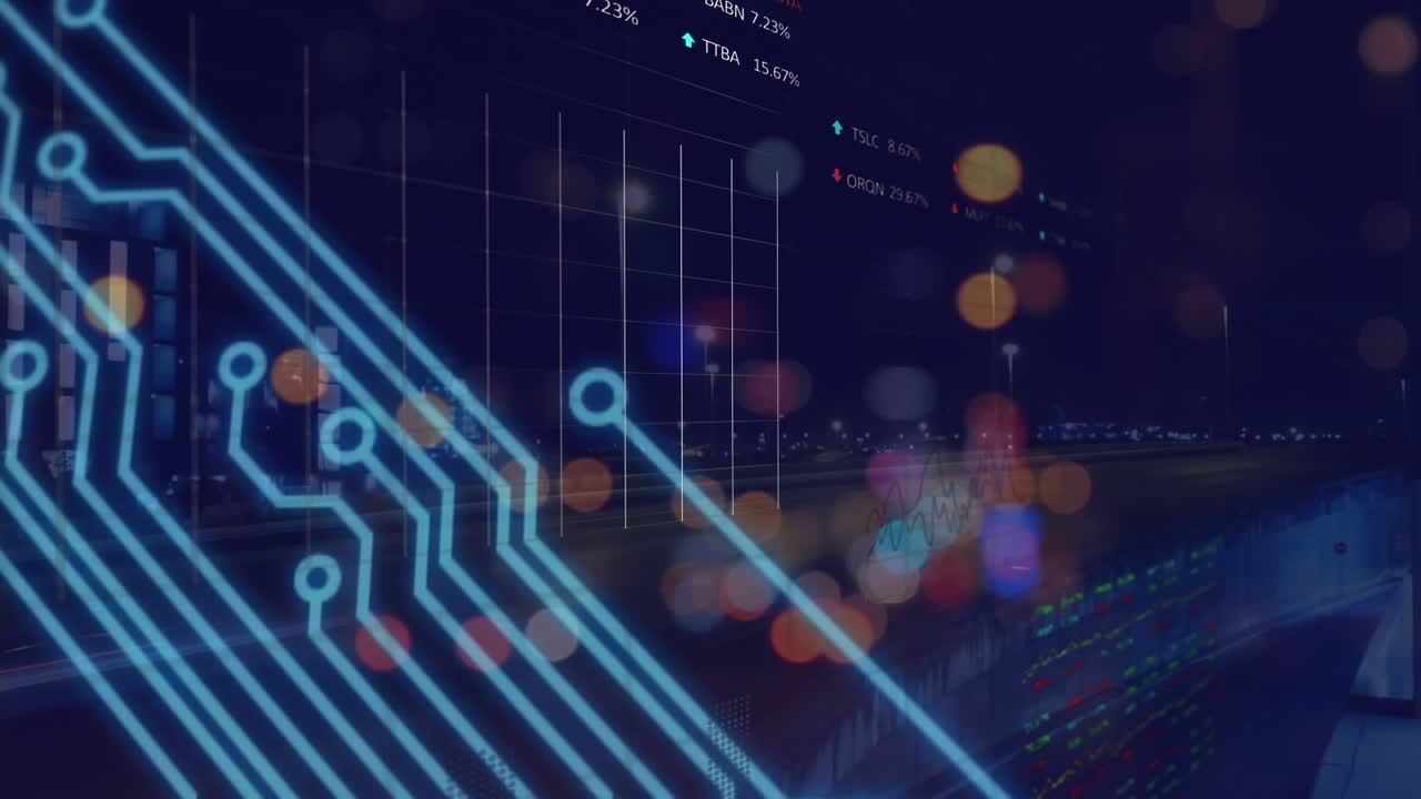 Animation of integrated circuit and diverse data and graphs over night blurred road traffic