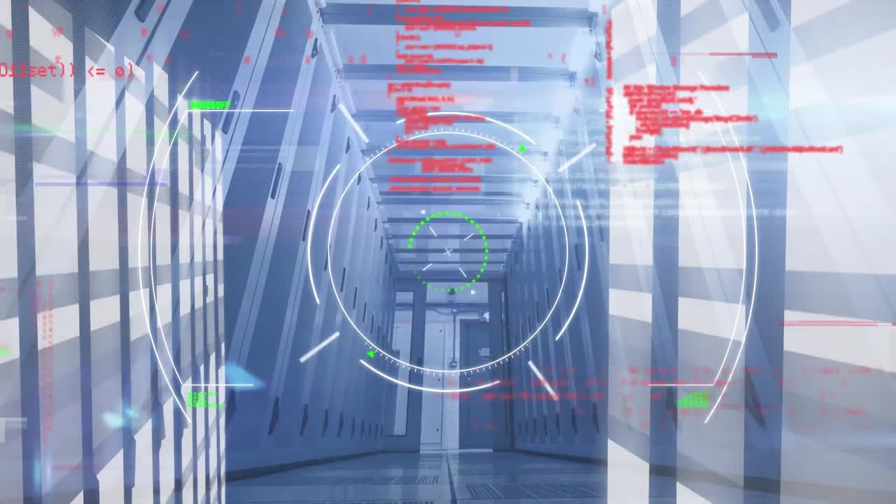 Animation of data processing and scope scanning over server room