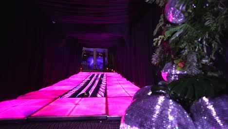 inside night club dance floor neon lights dark purple decoration, disco