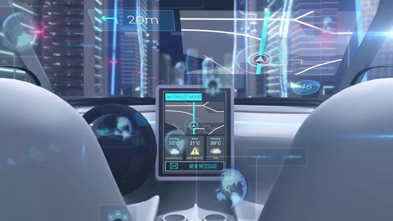 In car, digital navigation interface displaying animation of autopilot mode interior