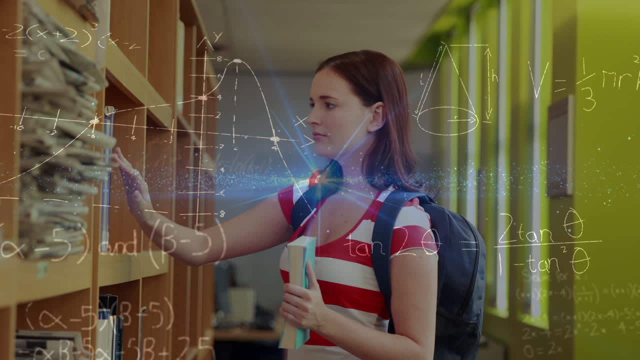 animación de fórmulas matemáticas sobre una estudiante caucásica