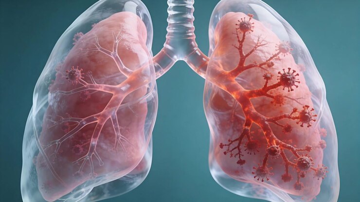 Animating lungs with frames shifting, showing trachea, right bronchi reddening and spikes on teal