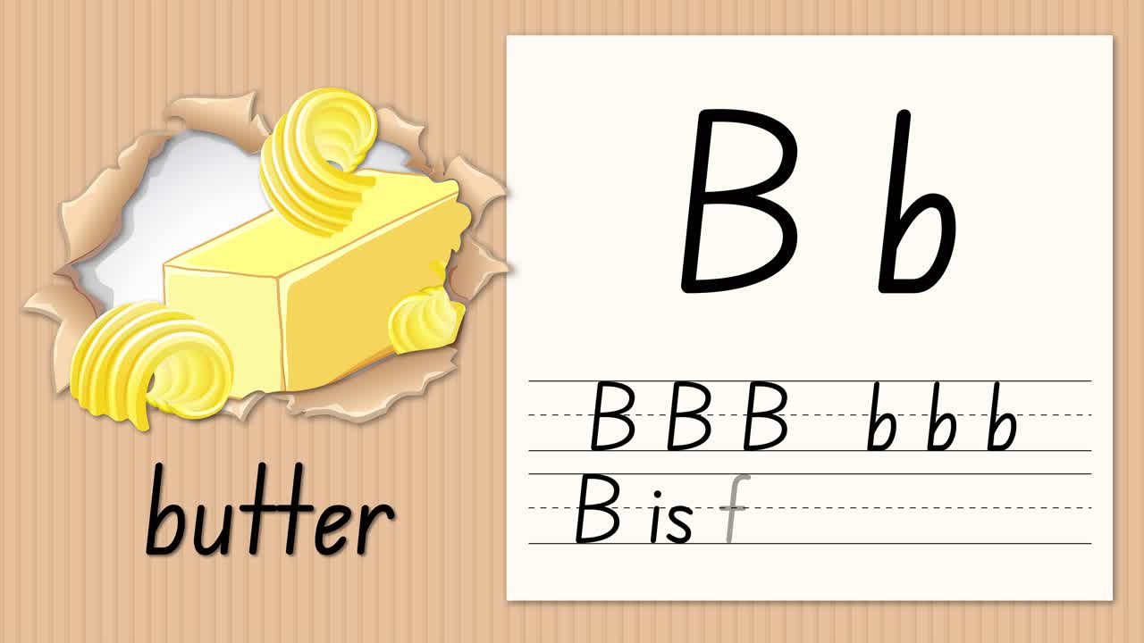 Video educativo animato che dimostra la scrittura della lettera B accanto a un'illustrazione di burro su carta a righe