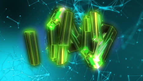 cristales verdes brillantes y animación de conexiones de red sobre fondo azul