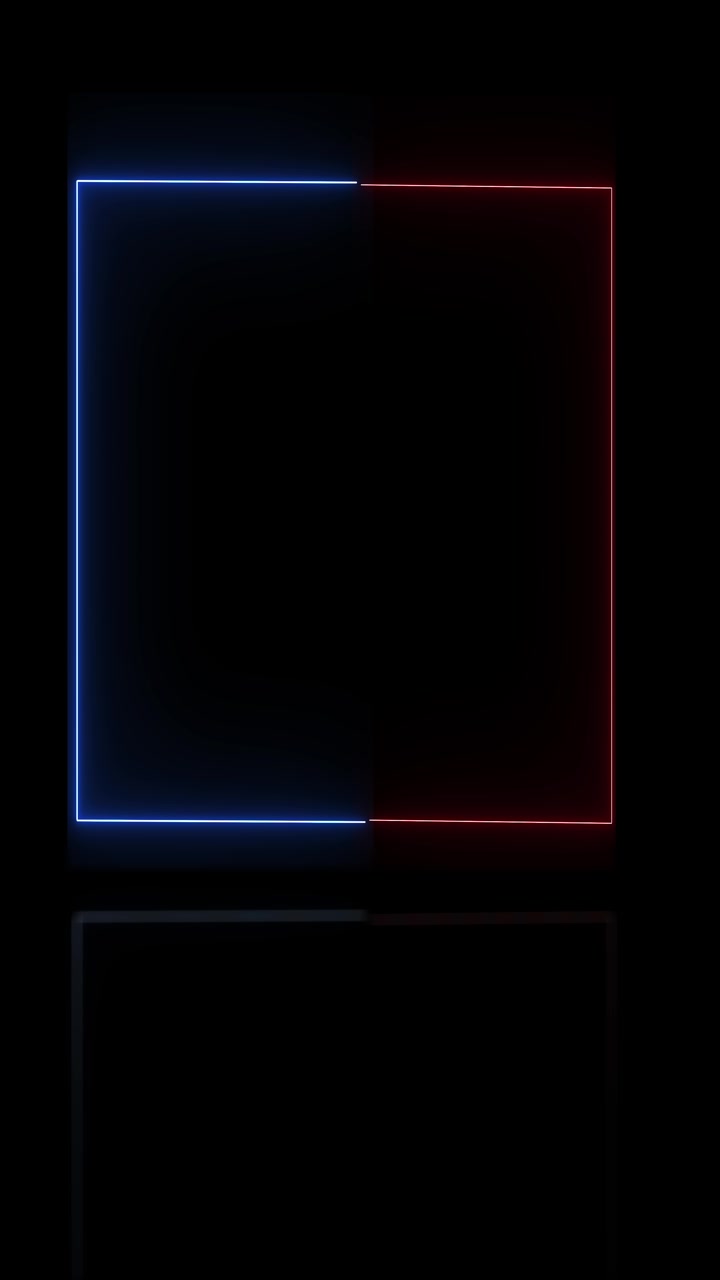 Fond de cadre néon bleu et rouge avec des bordures rectangulaires lumineuses, un éclairage bicolore et un espace sombre et vide