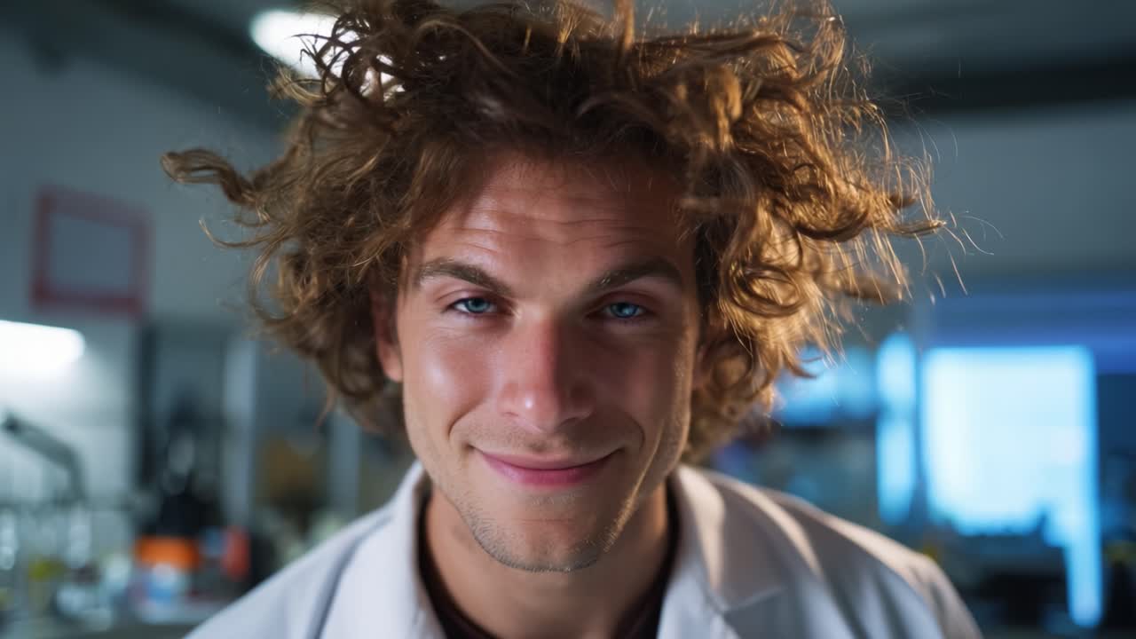 Un científico enérgico con el pelo revuelto sonríe alegremente, cautivando al público con entusiasmo y pasión por la experimentación en el entorno del laboratorio