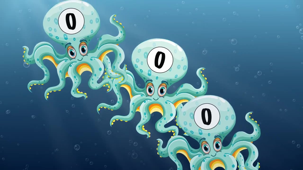 Polpi a cartone animato con simboli zero affondano attraverso l'acqua blu illuminata dal sole in un'animazione in loop