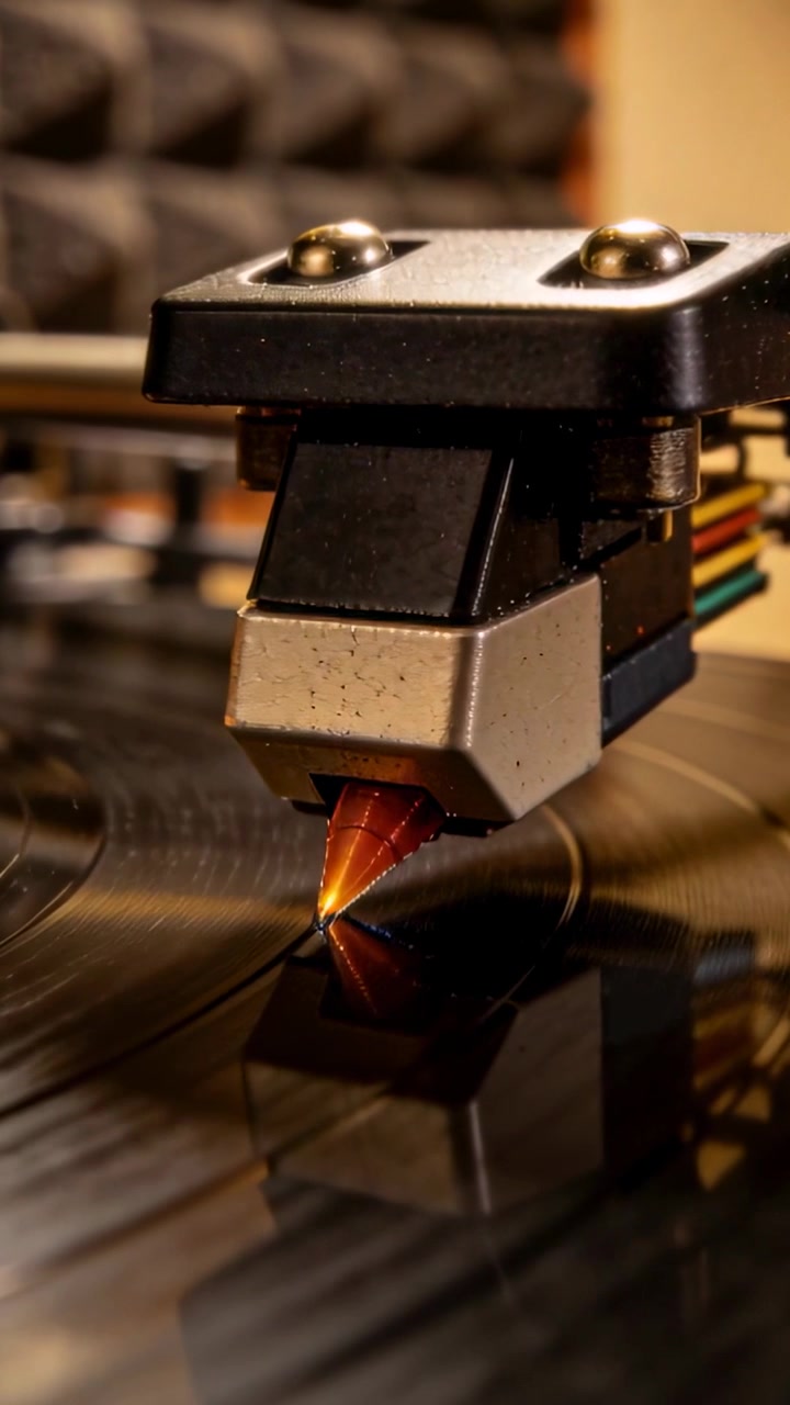 Vertical video: Lowering cartridge and stylus onto vinyl groove on turntable shelf to play music
