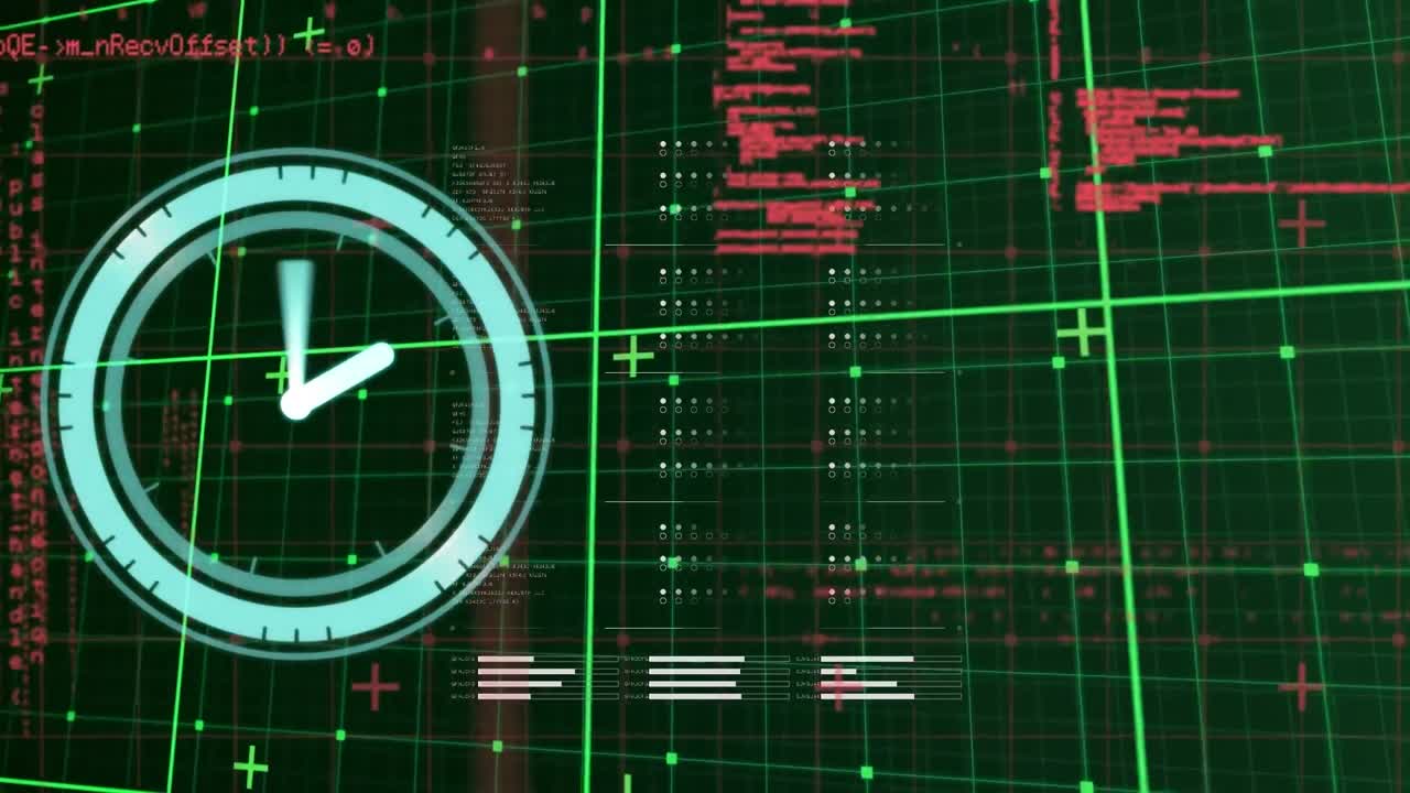 Animation of clock moving and data processing on black background