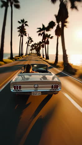 vintage mustang on a coastal road at sunset