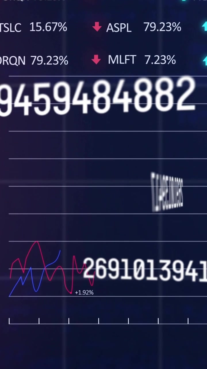 Video verticale: Aggiornamento dei dati in arrivo, letture numeriche bianche che ruotano e scorrono, mostrando tendenze