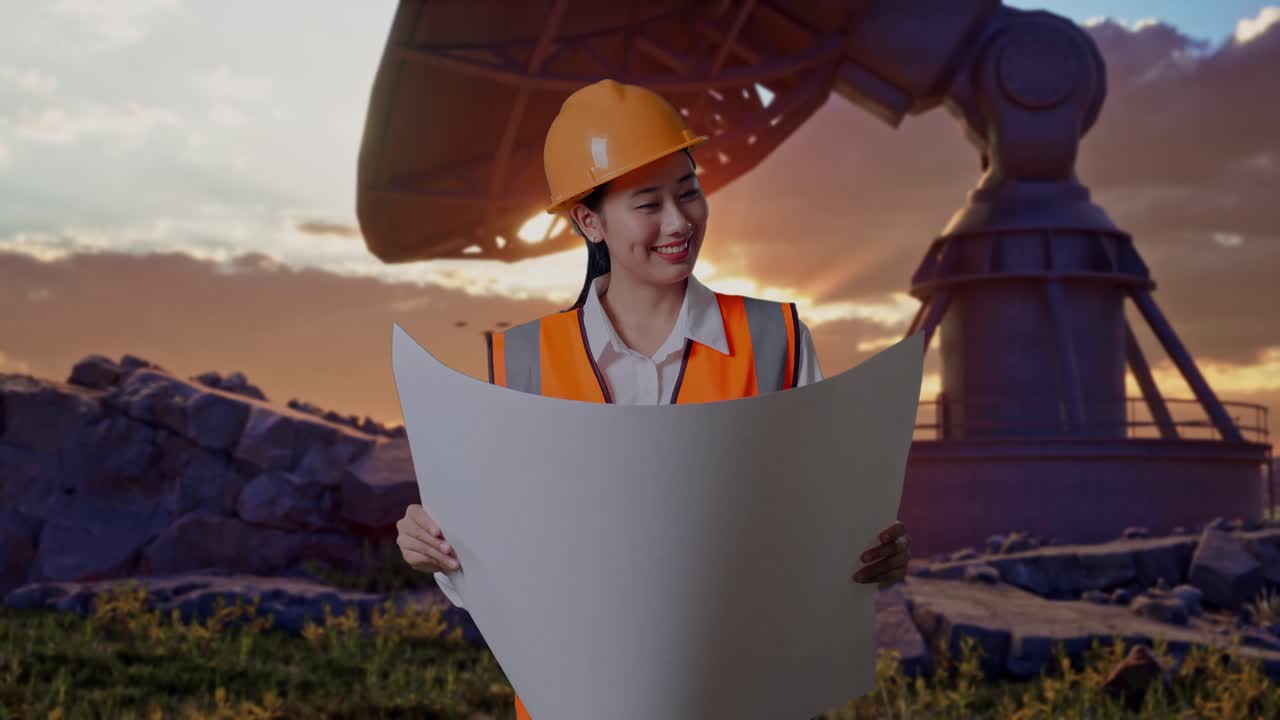 Asian Female Engineer With Safety Helmet Looking At Blueprint In Her Hands And Looking Around While Standing With Large Satellite Dish