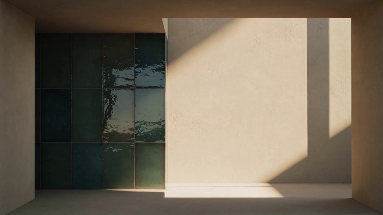 Raio de sol entrando em uma abertura, parede de gesso em um nicho mostrando luz triangular deslizante sobre azulejos verdes.