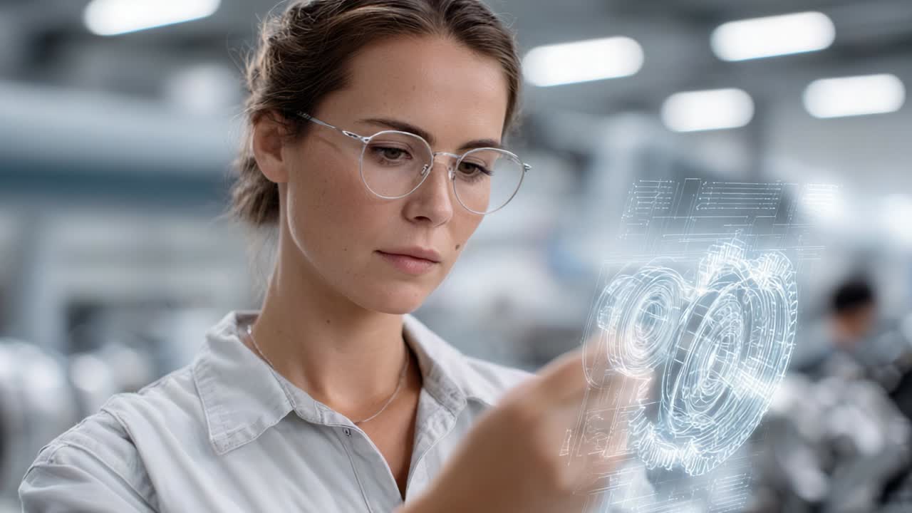 Woman using futuristic technology in a factory setting