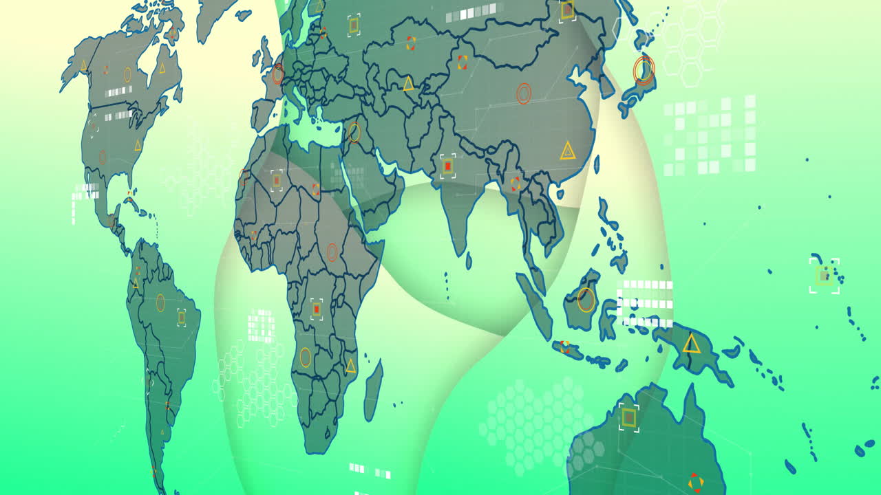 Global data streaming on flat design world map, showing color circles triangles squares hex grids