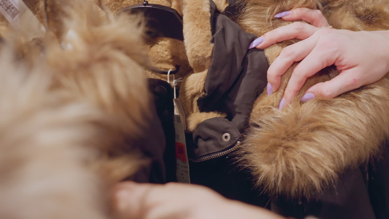 Close view of woman hands browsing fur coat rack feeling rich texture and soft fabric with manicured nails exploring tactile quality in boutique store under warm ambient lighting