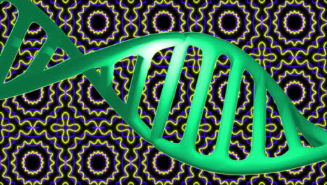 animación de la cadena de adn sobre formas coloridas que se mueven