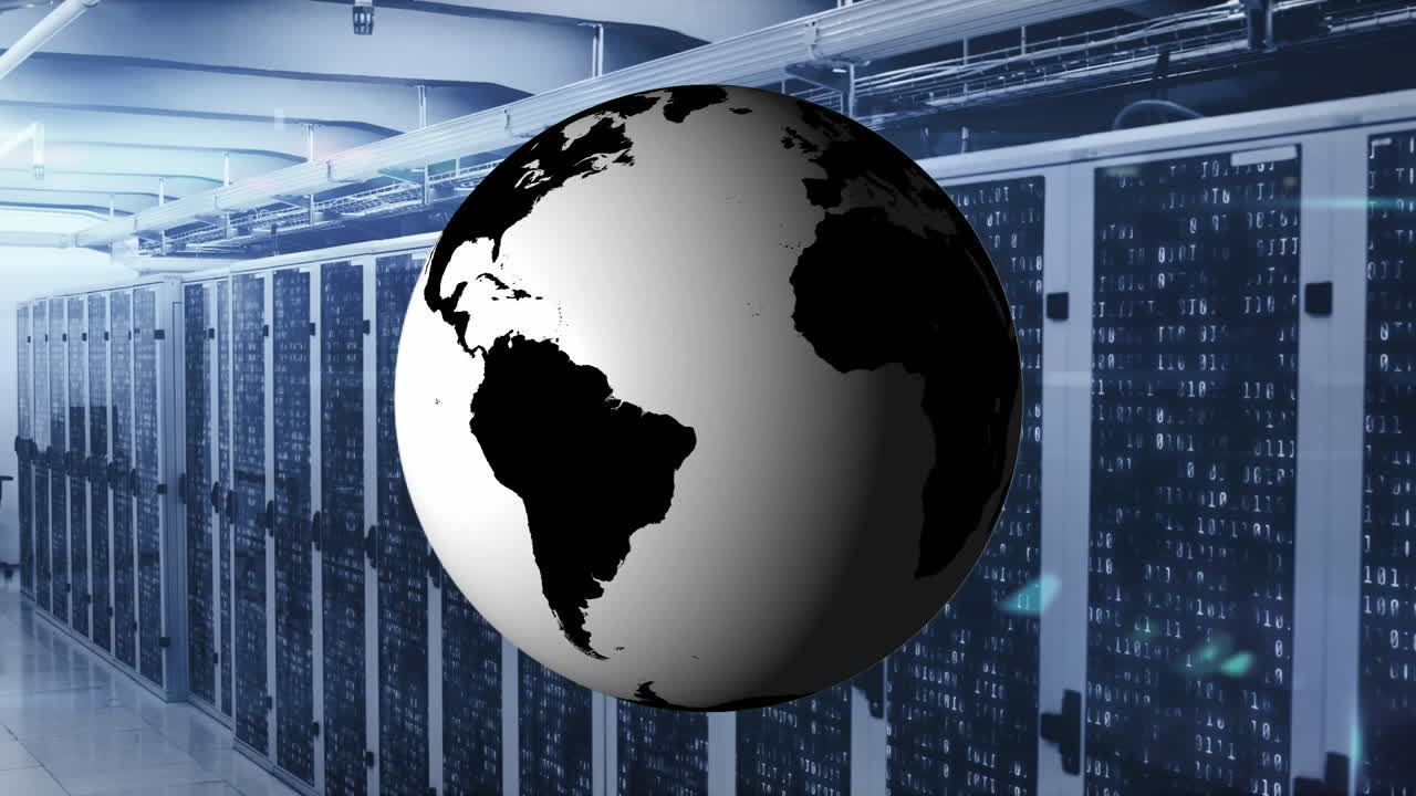 Animation of spinning globe and data processing against computer server room