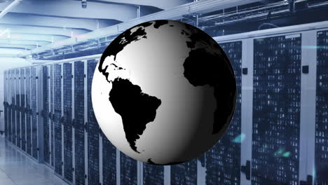 animación del globo giratorio y procesamiento de datos contra la sala de servidores de computadora