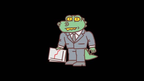 el cocodrilo indica el gráfico de negocios negativos. animación cuadro por cuadro. canal alfa