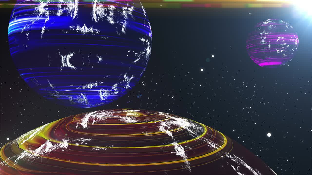 컴퓨터에 의해 생성된 다채로운 우주 풍경: 별빛 바탕에 네온 행성과 함께 미래의 공간 3d 렌더링