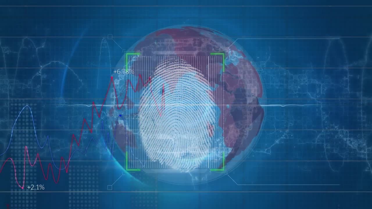 animación de la huella dactilar sobre el procesamiento de datos y globo sobre fondo negro