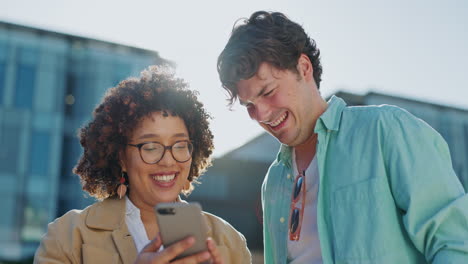 man, black woman and city with phone