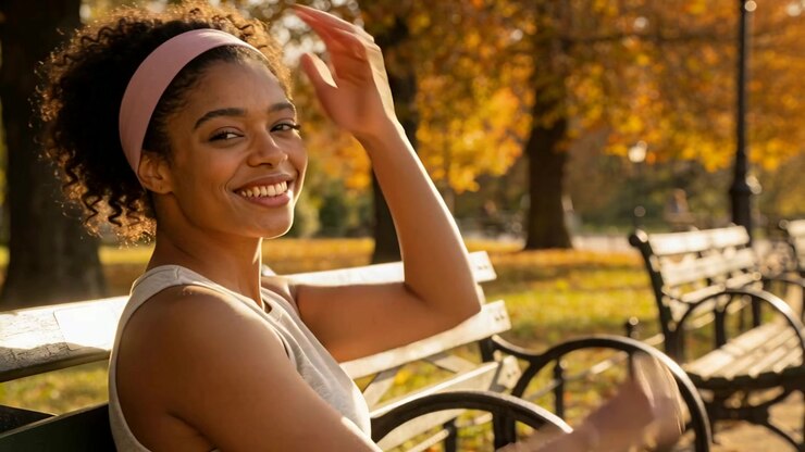 Young Woman Smiling and Relaxing on a Park Bench in Autumn