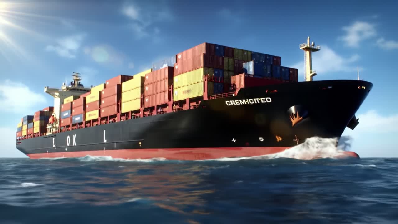 A Majestic Container Ship Navigates Through Sparkling Waters, Showcasing its Immense Cargo Capacity and Modern Design, Perfectly Brought to Life in Dynamic Frames.