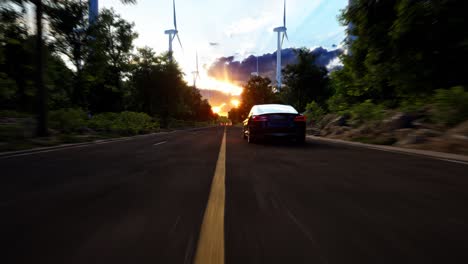 3d render of generic electric car drives on a road with wind turbines in the background. realistic 3d animation