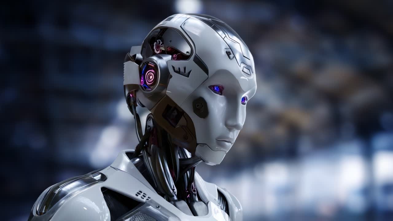Fütüristik insansı robot, gelişmiş teknolojiyi ve karmaşık tasarımı sergileyerek dijital zekayı ve modern toplumda robot teknolojisinin evrimini vurguluyor