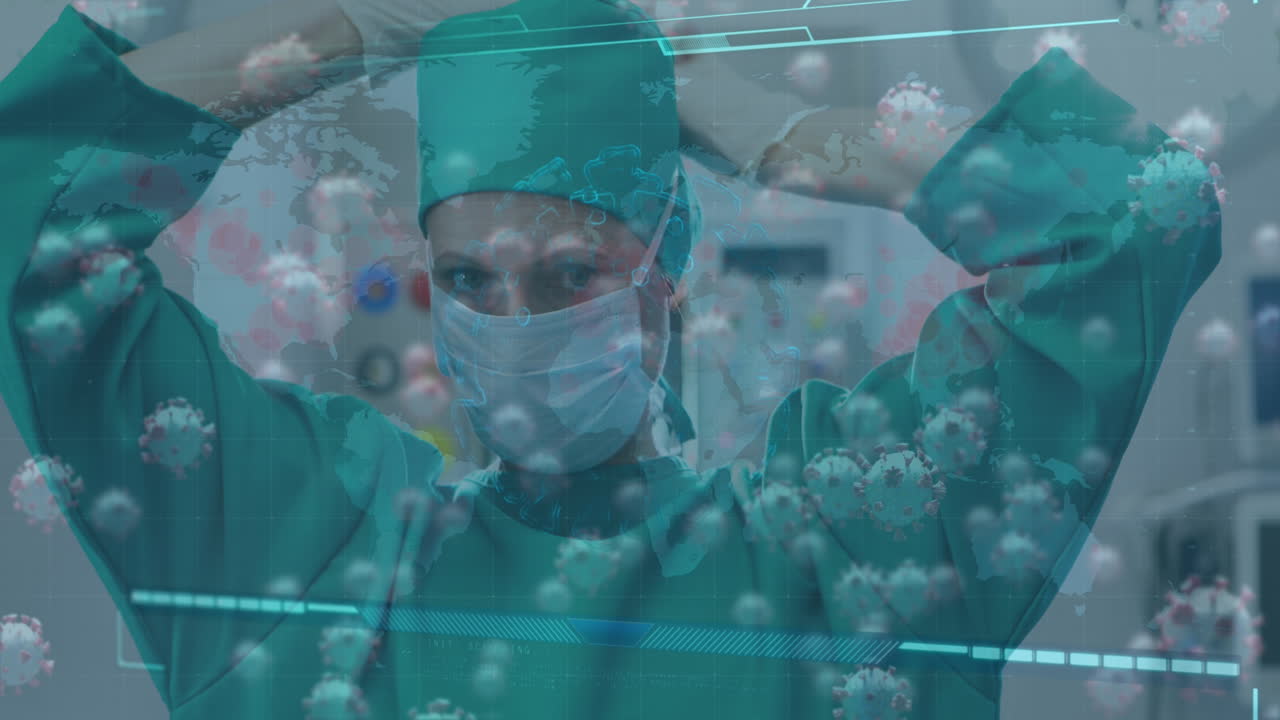 백인 여성 외과 의사가 얼굴 마스크를  ⁇ 는 바이러스 세포의 애니메이션